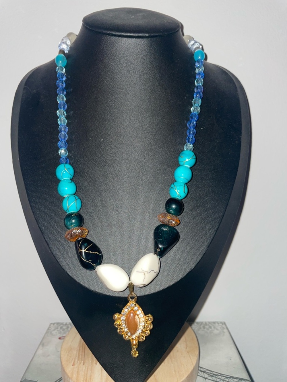 Handcrafted Turquoise & White Beaded Pendant Necklace